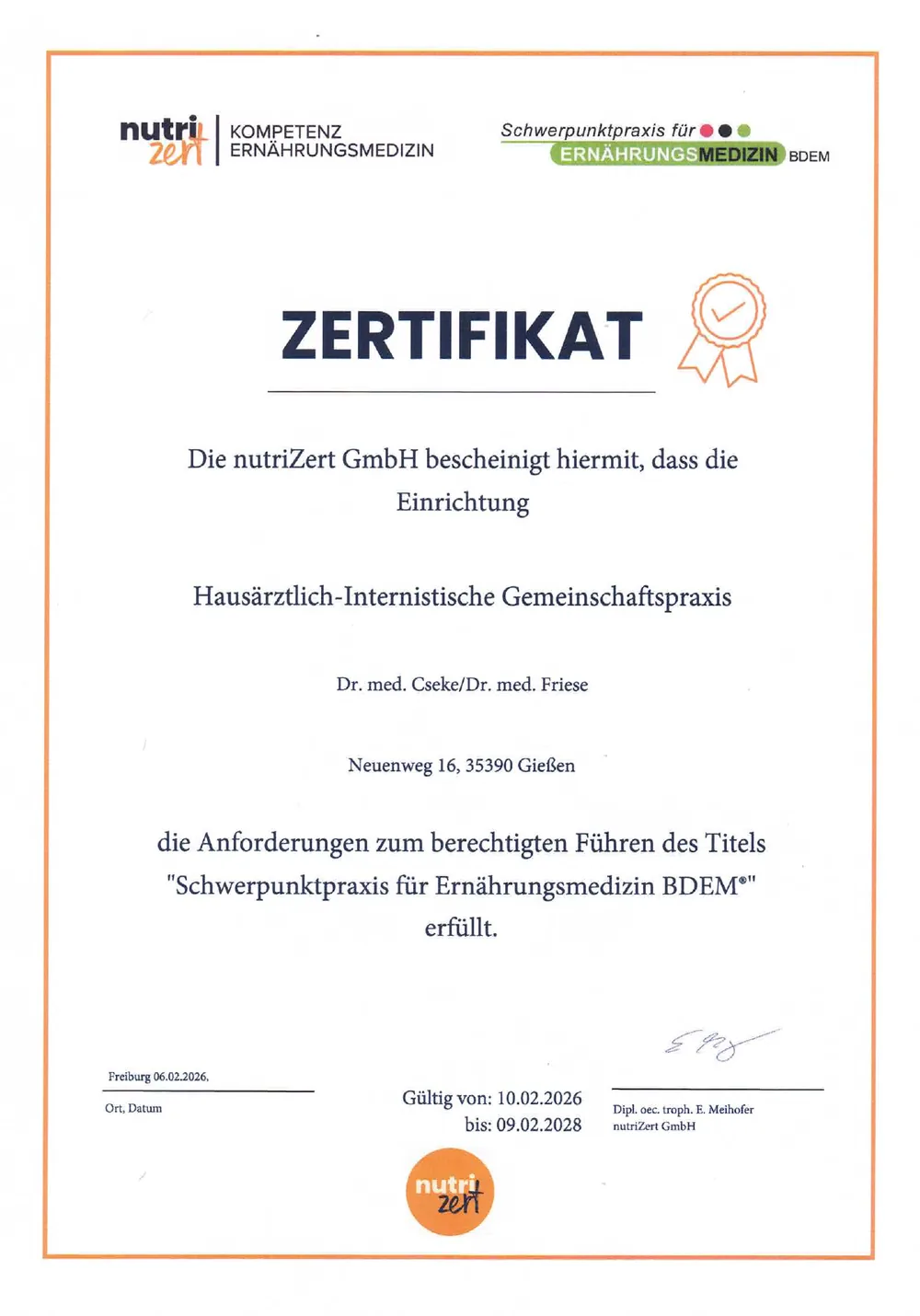 Zertifikat Schwerpunktpraxis für Ernährungsmedizin BDEM